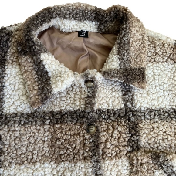 SHEIN CURVE LUNE Plus Plaid Pattern Drop Shoulder Teddy Coat Tan Cream Sz 2X - Picture 6 of 16